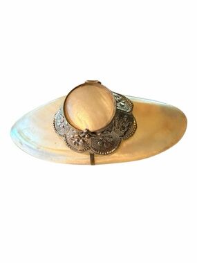 Vintage Mother of Pearl Pill Box Hinged Trinket Shell Case Ornate 4”